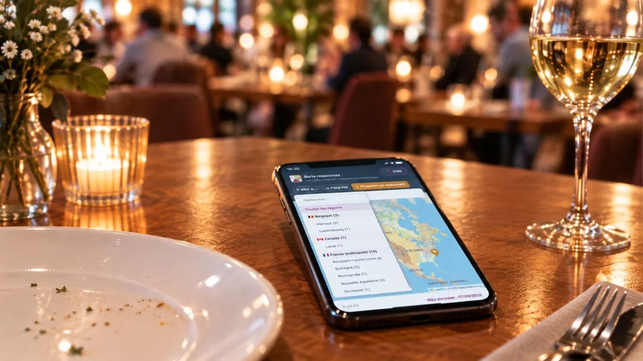 Smartphone affichant la carte Baria-ressources, posé sur la table d’un restaurant