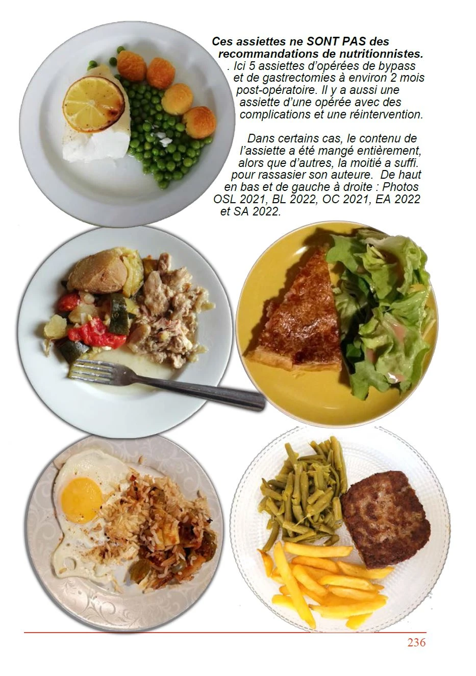 Page du livre : cinq assiettes-types de patients opérés (bypass et gastrectomie) à environ deux mois post-opératoire, à titre d’illustration et non de recommandation nutritionnelle