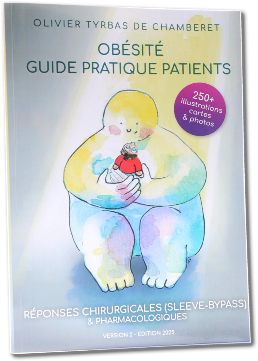 Couverture du livre « Obésité, guide pratique patients : réponses chirurgicales (sleeve-bypass) et pharmacologiques », version 2, édition 2025, d’Olivier Tyrbas de Chamberet