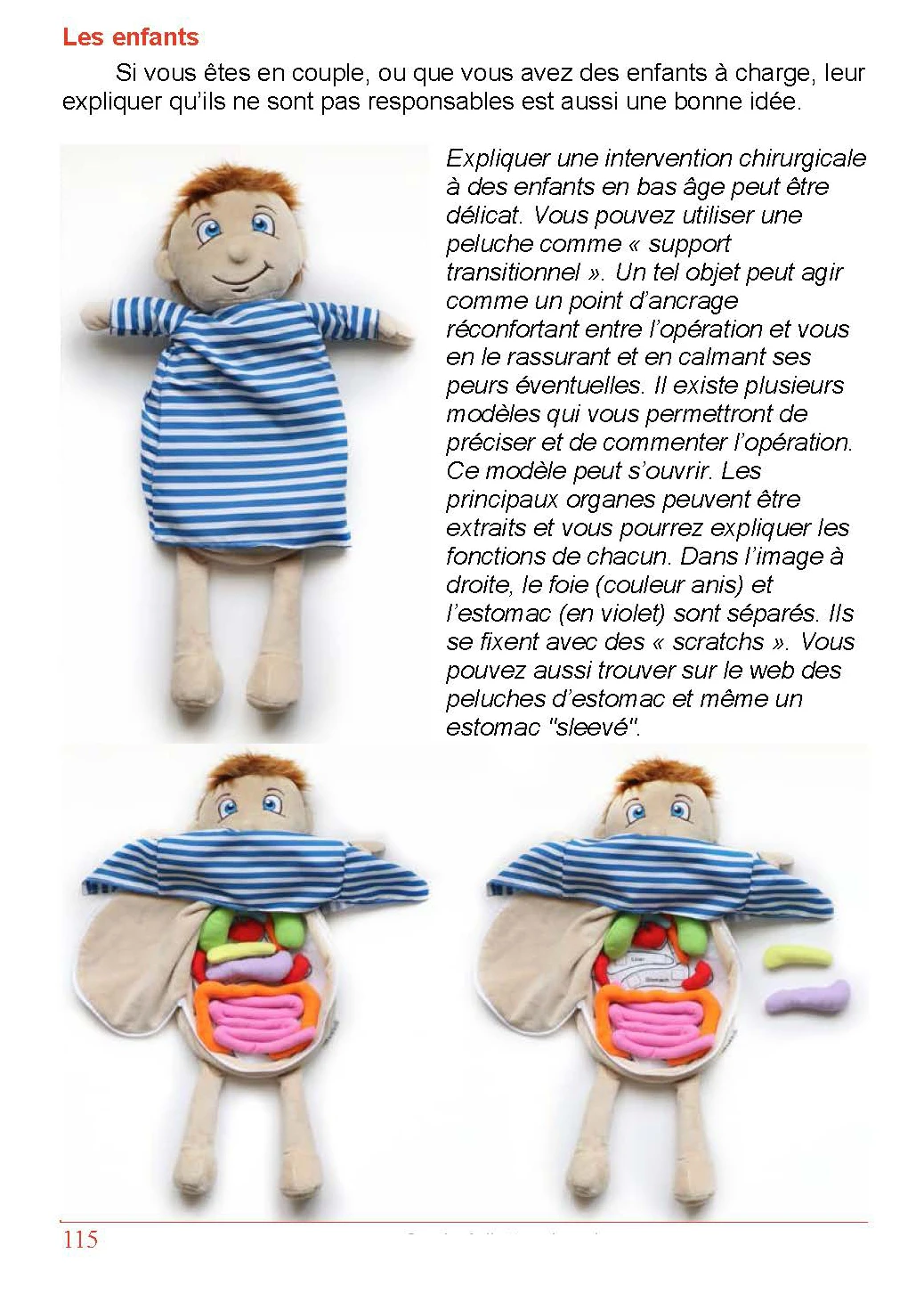 Page du livre : expliquer l’opération à un enfant à l’aide d’une peluche « support transitionnel » représentant les organes